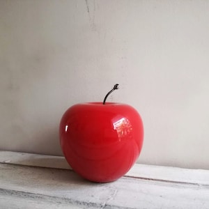 Red apple sculpture, ceramic apple in bright red, earthenware clay red apple with black, metal stem, life size red apple image 5