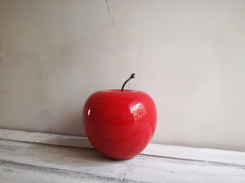 Red apple sculpture, ceramic apple in bright red, earthenware clay red apple with black, metal stem, life size red apple image 5