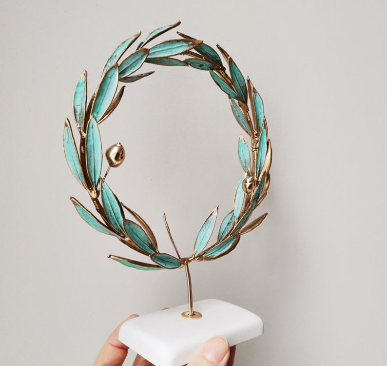 Gold olive wreath, real olive twigs wreath, GrecoRoman style wreath on white base, electroplated olive twigs with brass and copper image 5