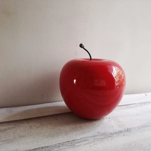 Red apple sculpture, ceramic apple in bright red, earthenware clay red apple with black, metal stem, life size red apple image 3