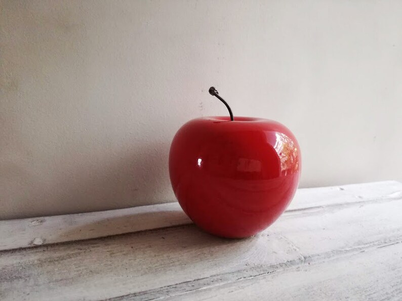 Red apple sculpture, ceramic apple in bright red, earthenware clay red apple with black, metal stem, life size red apple image 3