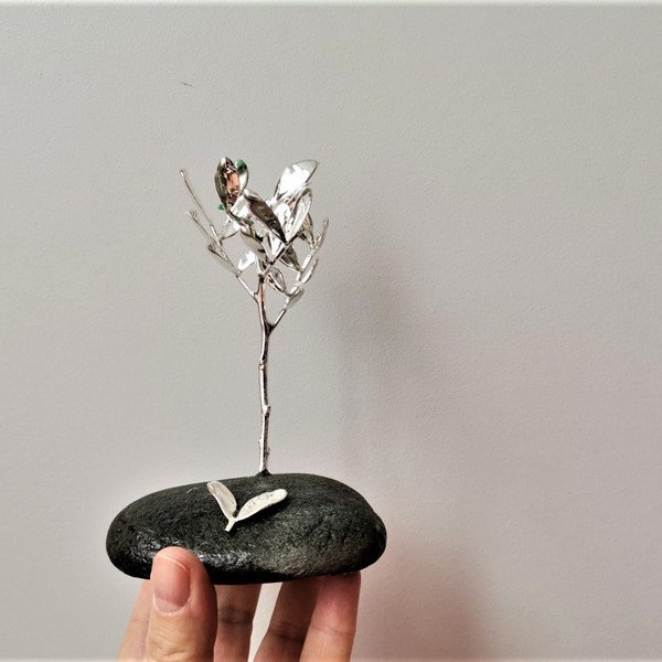 Schinus tree card holder, real schinus silver twigs on stone, electroplated silver branch card holder, mastic tree sculpture office gift
