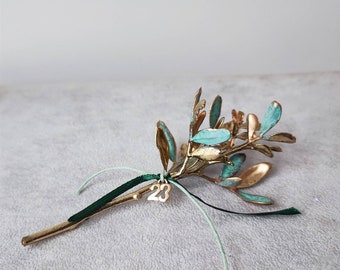 Mastic tree sculpture, real mastic tree  branch, electroplated with brass and copper and New Year charm 2023, γούρι σκίνος με χρονια '23'