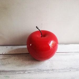 Red apple sculpture, ceramic apple in bright red, earthenware clay red apple with black, metal stem, life size red apple image 9