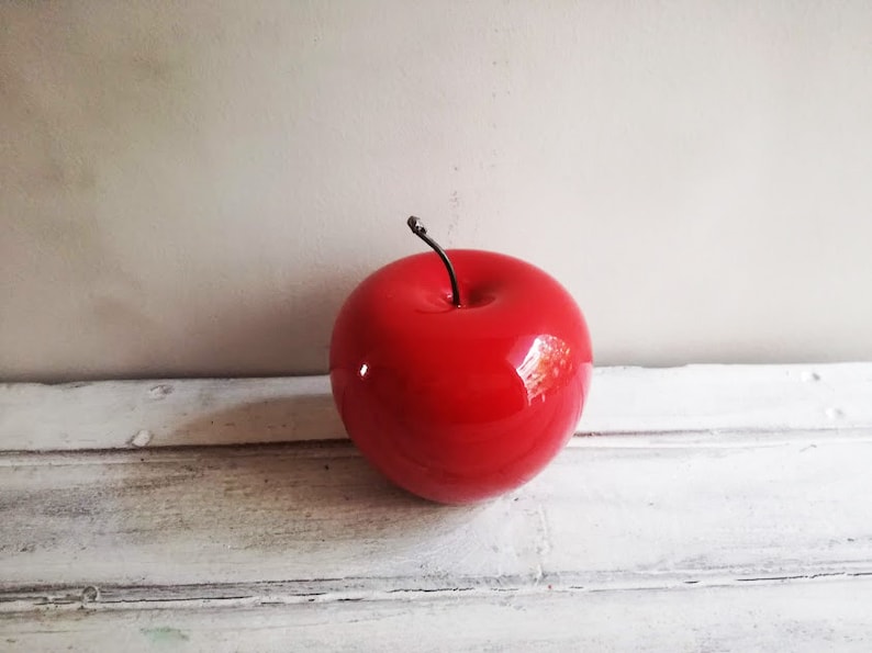 Red apple sculpture, ceramic apple in bright red, earthenware clay red apple with black, metal stem, life size red apple image 9