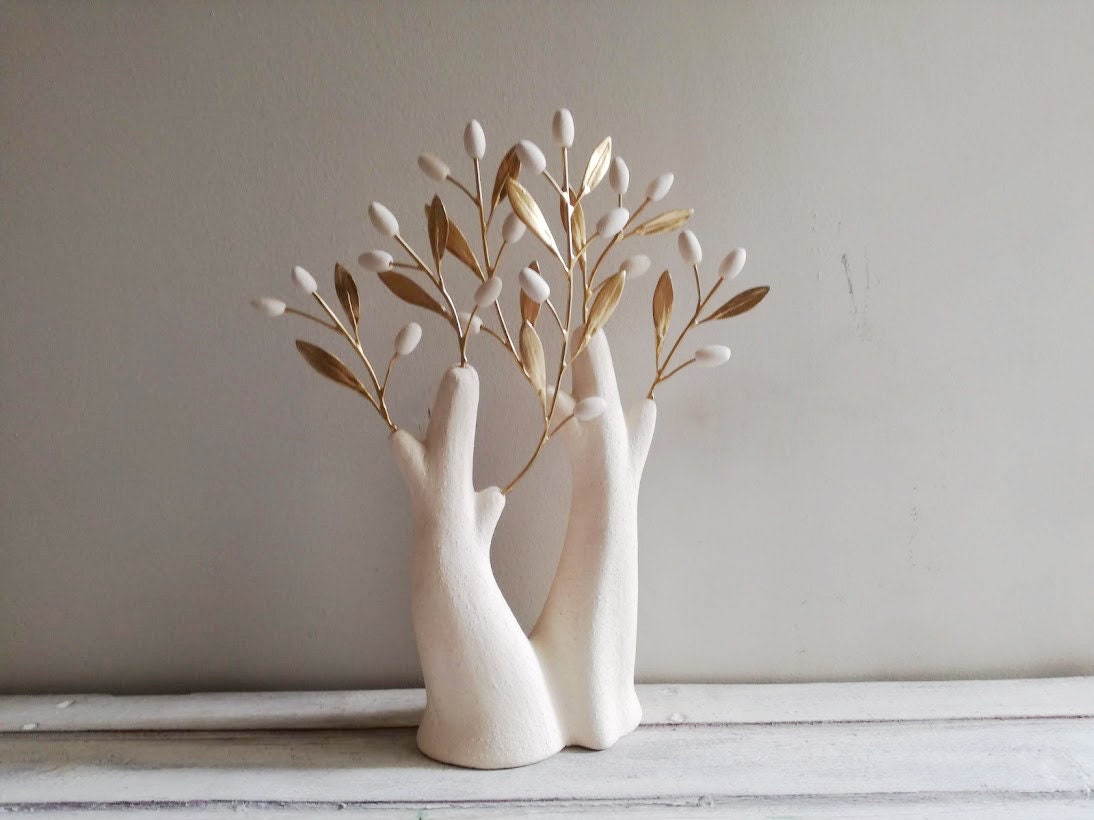 Modern olive tree sculpture, ceramic olive tree with brass olive