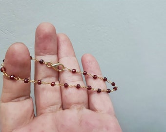 Garnet rosary bracelet, silver gold plated rosary bracelet with faceted garnet stone chips, dainty garnet rosary cuff