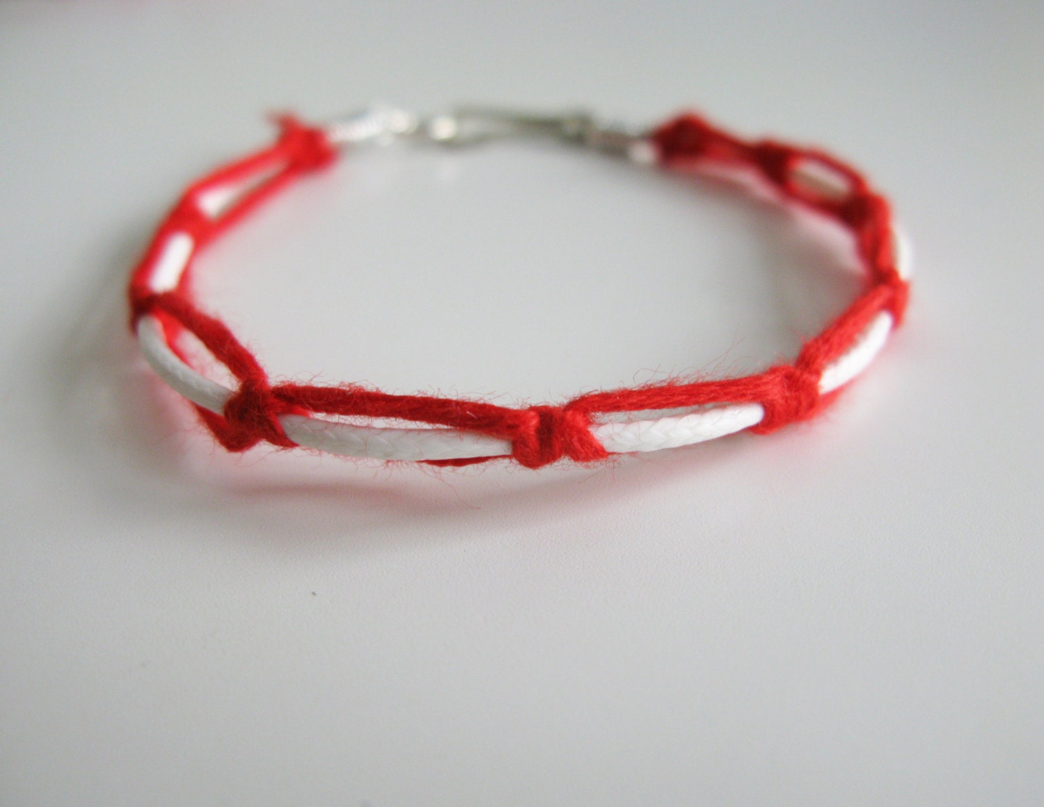 Frienship braided bracelet, red white, Greek folk bracelet, acrylic
