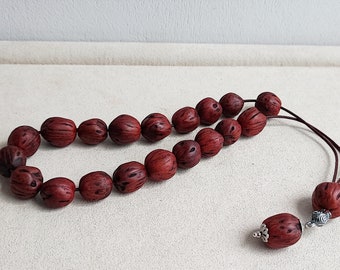 Nutmeg worrybeads mala set, brown red, scented, nutmeg beads on brown cord with sterling silver, Greek komboloi set, nutmeg  prayer beads