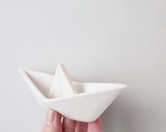 Porcelain paper boat, matte white paper boat art object, good luck paper boat ornament, decorative white boat