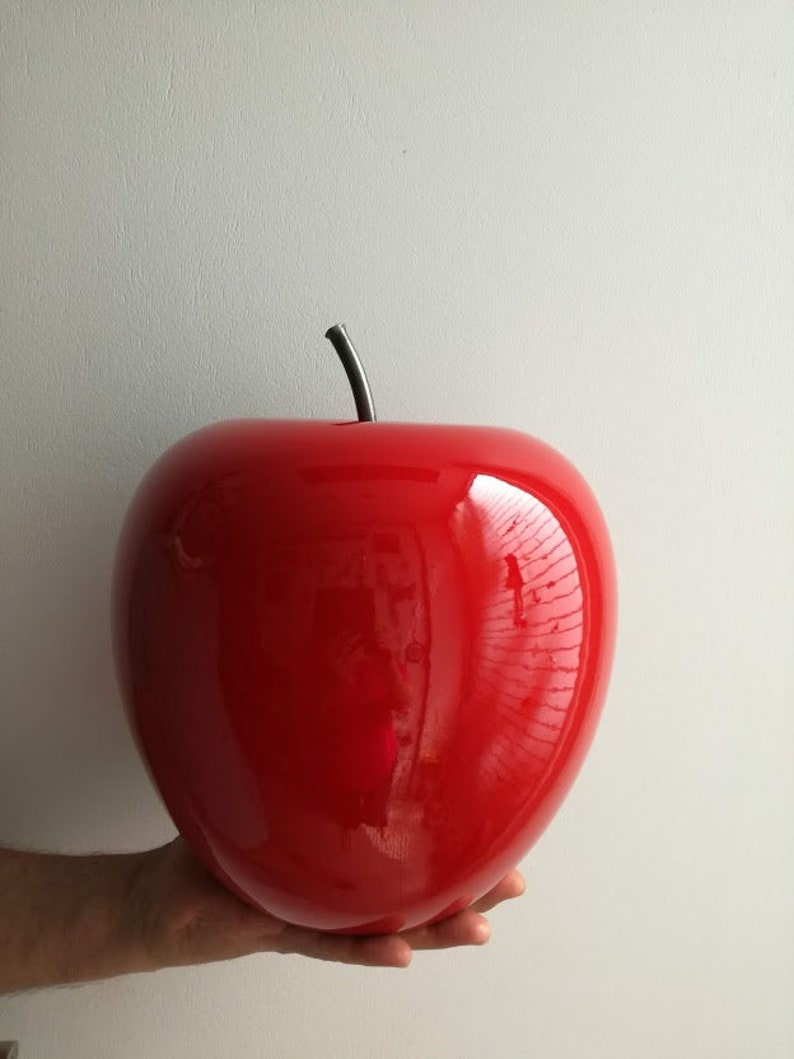 Large apple sculpture, large scarlet ceramic apple with black, iron stem, large apple sculpture, modern apple art object image 3