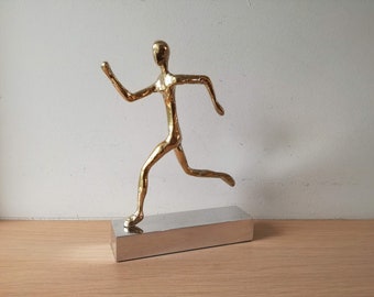 Minimalist runner sculpture, brass runner sculpture on aluminum base, golden runner figure on silver base, Greek athlete -runner statuette
