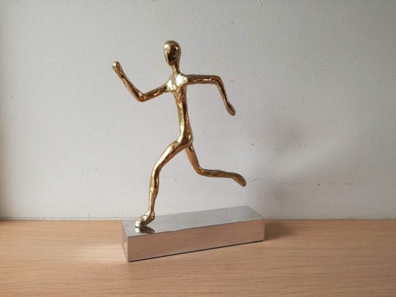 Minimalist runner sculpture, brass runner sculpture on aluminum base, golden runner figure on silver base, Greek athlete -runner statuette