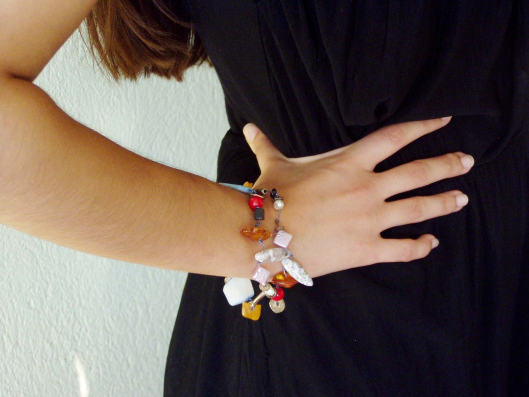Beaded Silver Bracelet, Double Strand, Gem Stones Bracelet, With Amber ...