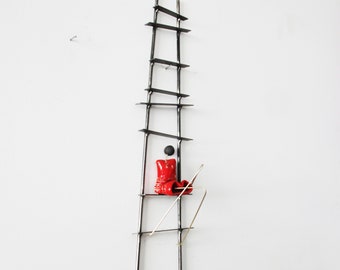 Figure with ladder sculpture, wall ladder miniature with abstract figurine, quirky ladder and figurine art object