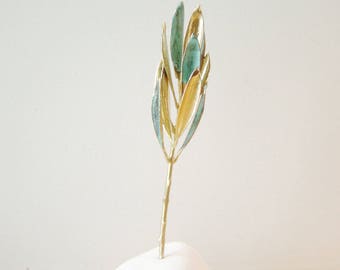 Real olive twig on white stone, Greek olive gift in vertigris and gold, electroplated olive branch,