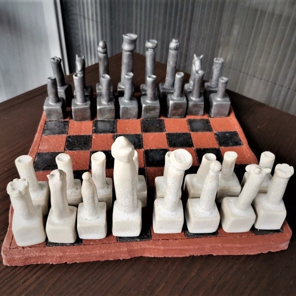 Ceramic chess set, stoneware chess set, board and pawns in black, white and brown, completely handmade chess set, high fire Greek ceramics