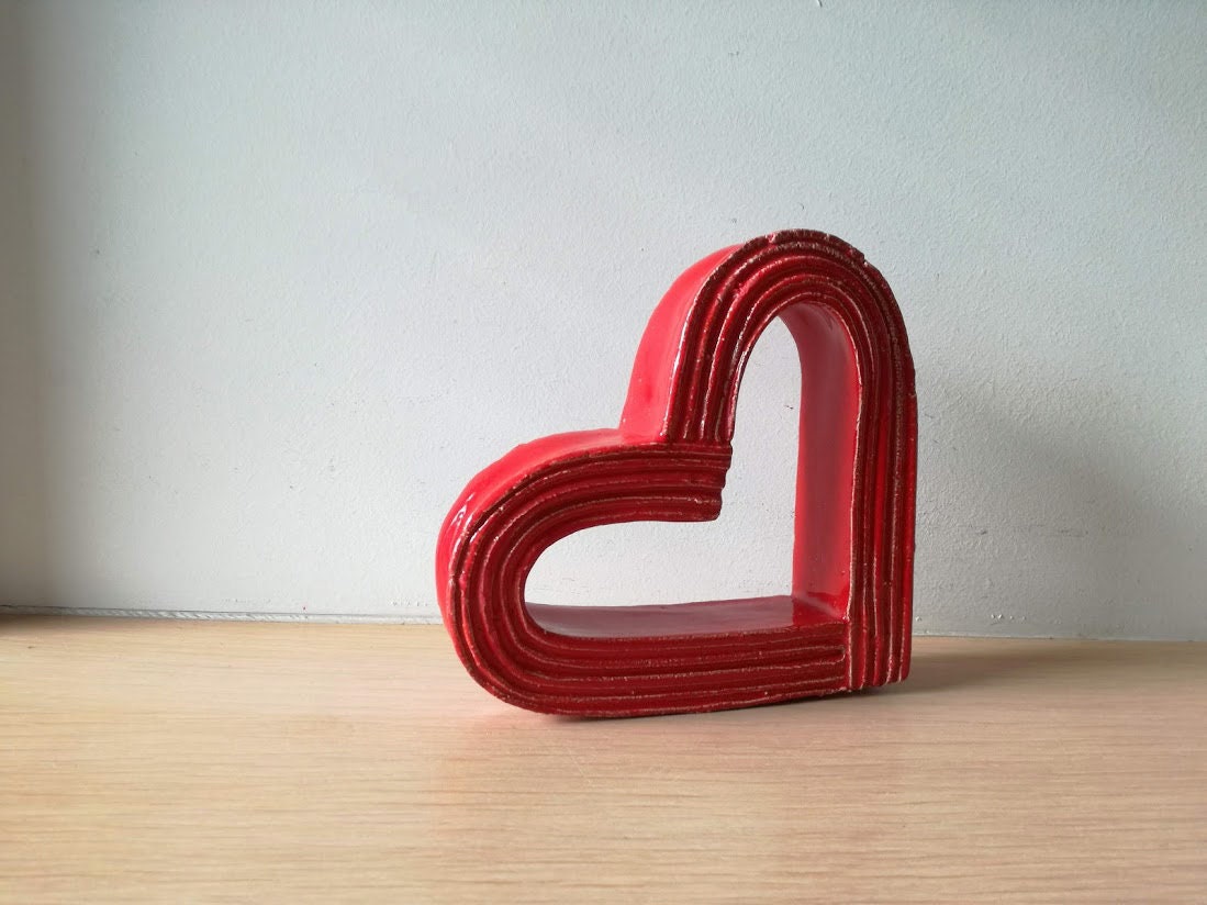 Red heart sculpture, bright red, ceramic heart outline sculpture