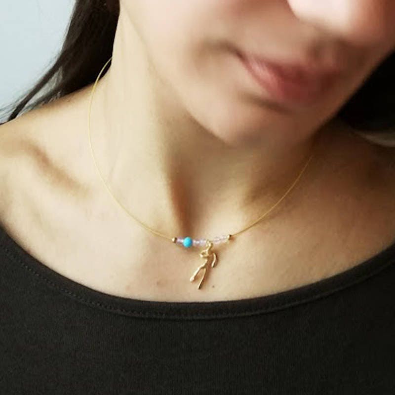 Tiny figure necklace, gold choker necklace of man figurine with