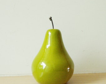 Ceramic pear sculpture, life size green ceramic pear, minimal  design fruit of earthenware clay with metal stem