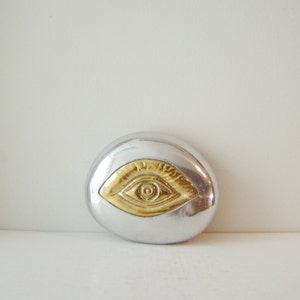 Brass eye paperweight pebble, brass eye on aluminum pebble, small sculpture, Greek art object, Greek folk art eye, eye keepsake, eye gift image 4