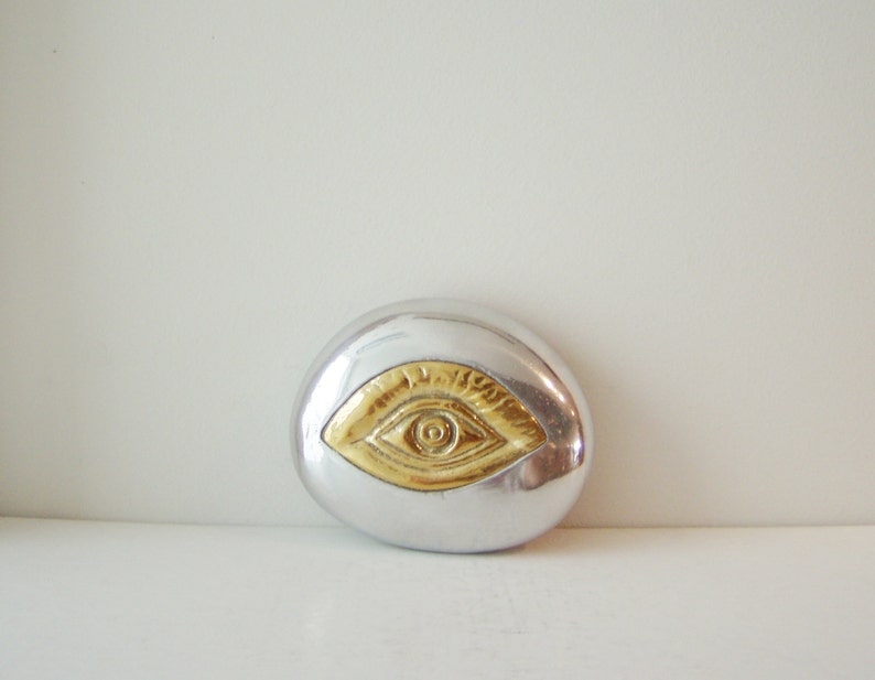 Brass eye paperweight pebble, brass eye on aluminum pebble, small sculpture, Greek art object, Greek folk art eye, eye keepsake, eye gift image 4