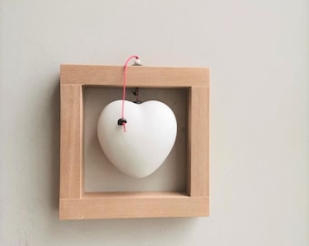 Framed heart sculpture, porcelain white heart in natural, unpolished, wood frame, Valentines heart, minimalist heart