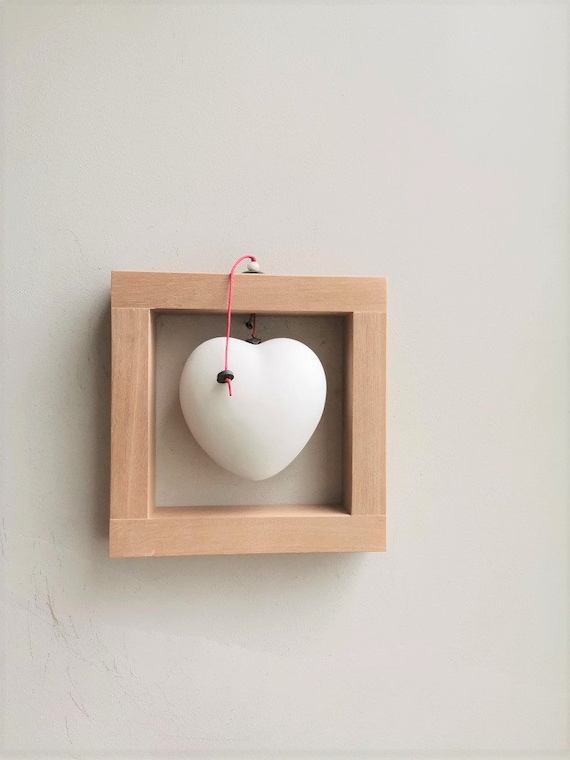 Framed heart sculpture, porcelain white heart in natural, unpolished, wood frame, Valentines heart, minimalist heart
