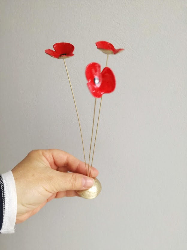 Red poppies metal sculpture, brass flowers art object with red enamel