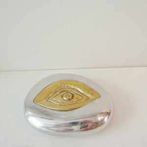 Brass eye paperweight pebble, brass eye on aluminum pebble, small sculpture, Greek art object, Greek folk art eye, eye keepsake, eye gift image 2