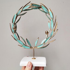 Gold olive wreath, real olive twigs wreath, GrecoRoman style wreath on white base, electroplated olive twigs with brass and copper image 6