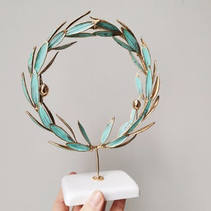 Gold olive wreath, real olive twigs wreath, GrecoRoman style wreath on white base, electroplated olive twigs with brass and copper image 2