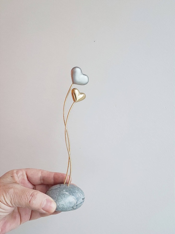 Two hearts sculpture, metal hearts small sculpture, gold and silver hearts art object, hearts on stone base, Valentine's gift