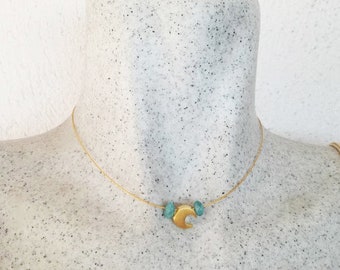 Gold moon necklace, gold moon bead with aquamarine stones, thin gold choker necklace, silver, gold plated moon necklace