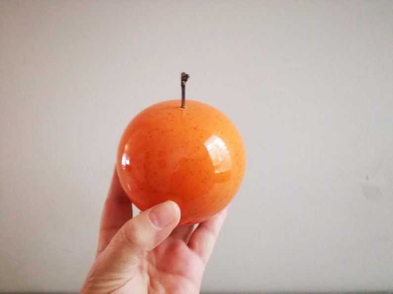 Ceramic orange sculpture, orange fruit in bright orange, earthenware clay orange with black, metal stem image 2