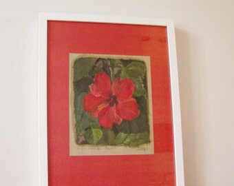 Peinture sur hibiscus rouge, vintage, peinture à l’huile d’hibiscus rouge, peinture originale sur hibiscus rouge, huile sur papier marouflé sur papier rouge, fin des années quatre-vingt