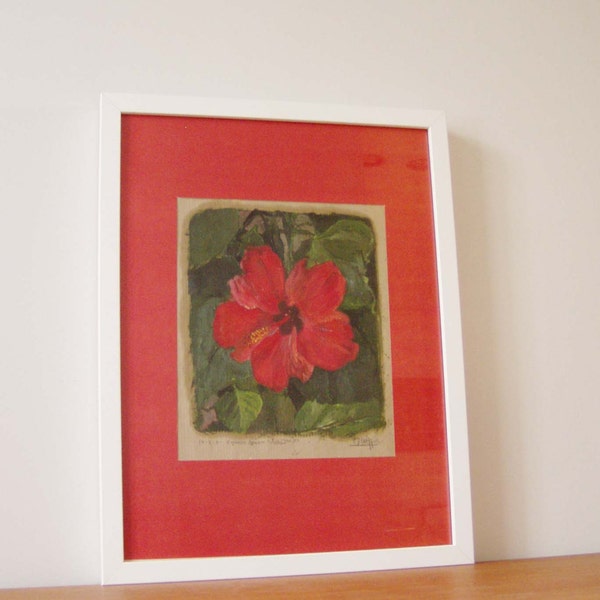 Peinture sur hibiscus rouge, vintage, peinture à l’huile d’hibiscus rouge, peinture originale sur hibiscus rouge, huile sur papier marouflé sur papier rouge, fin des années quatre-vingt