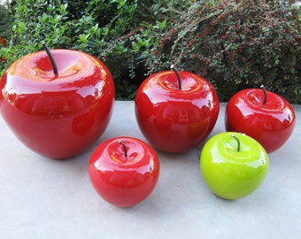 Large ceramic apple, red ceramic apple with black, iron stem, large apple sculpture, modern, Greek ceramics apple, red fruit ceramics
