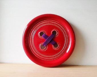 Red wall button, wall sculpture scarlet button, earthenware clay button with bright red glaze, Greek pottery