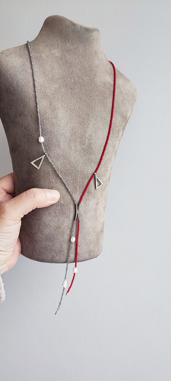 Red grey lariat necklace, very thin, delicate neck