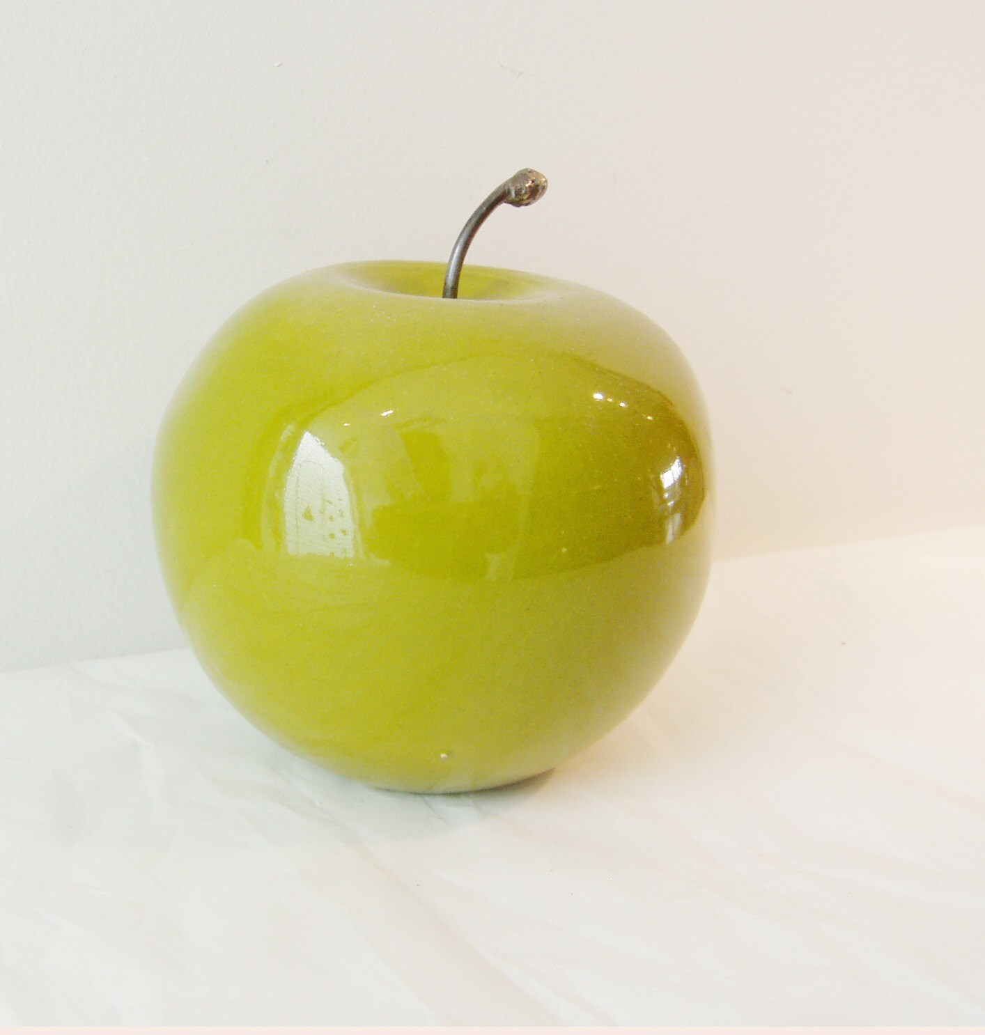 Green ceramic apple sculpture , life size lime green ceramic apple with