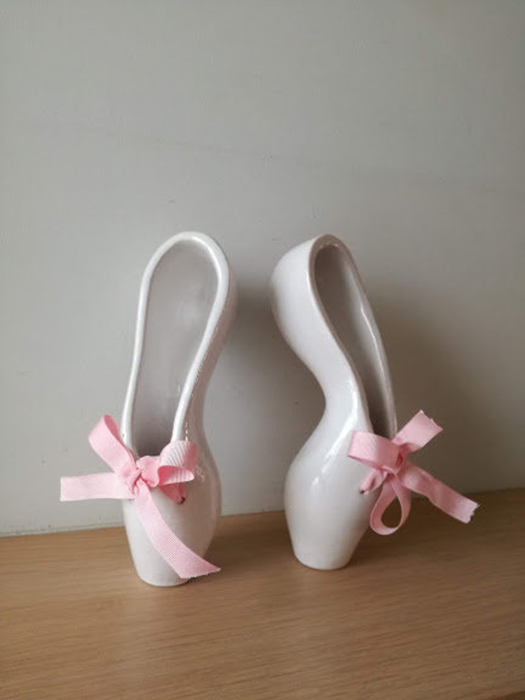 Ballerina Shoes Sculpture, Ceramic Ballerina Shoes of High Fire, Stoneware  Clay in Milky White With Satin, Pink Ribbons 