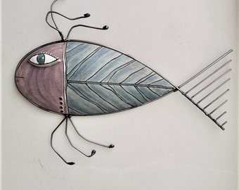 Ceramic fish wall sculpture, stoneware clay and iron, colourful fish wall hanging, quirky hand built wall decor fish