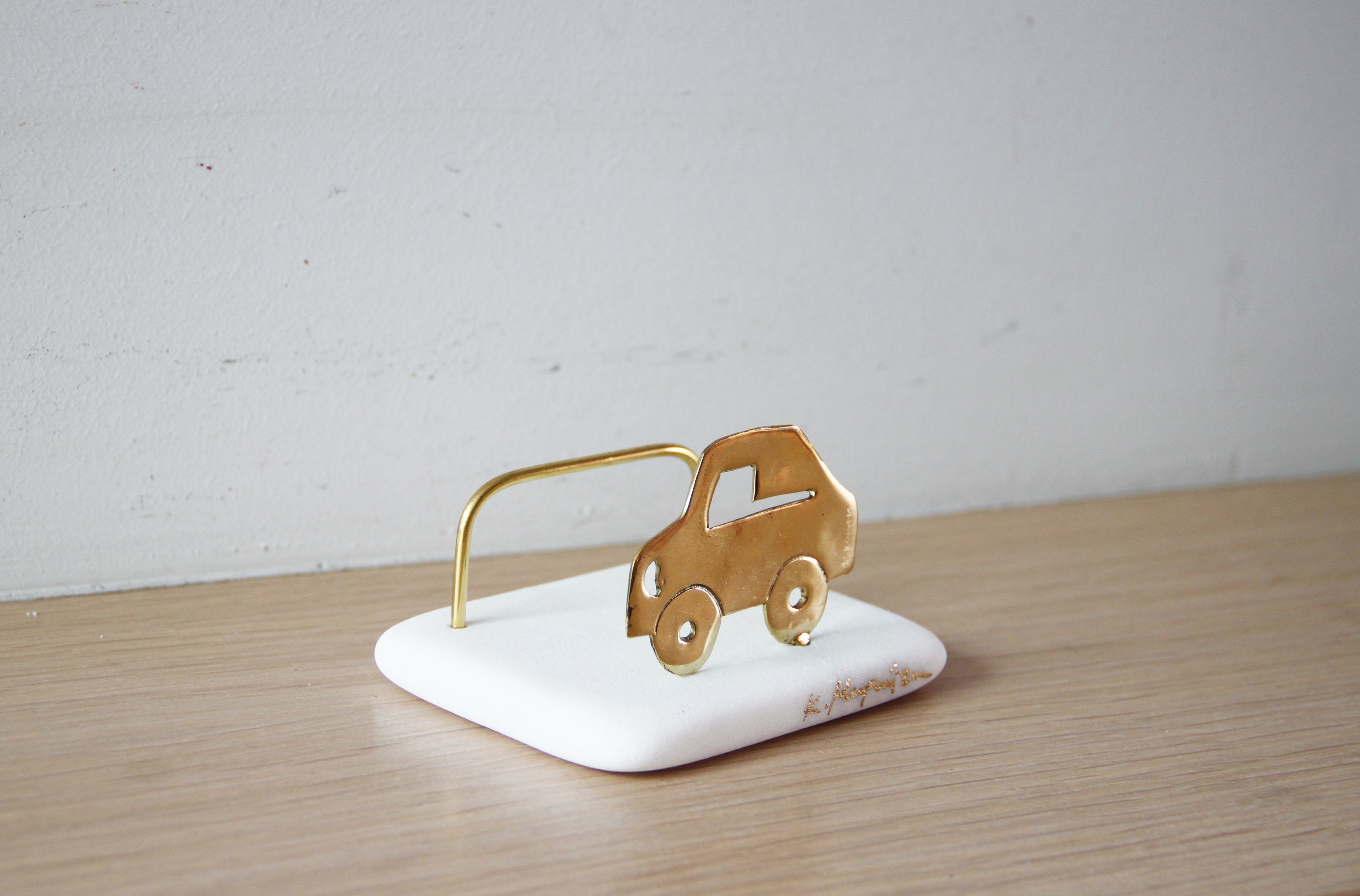Brass car card holder brass car sculpture on white stone with | Etsy