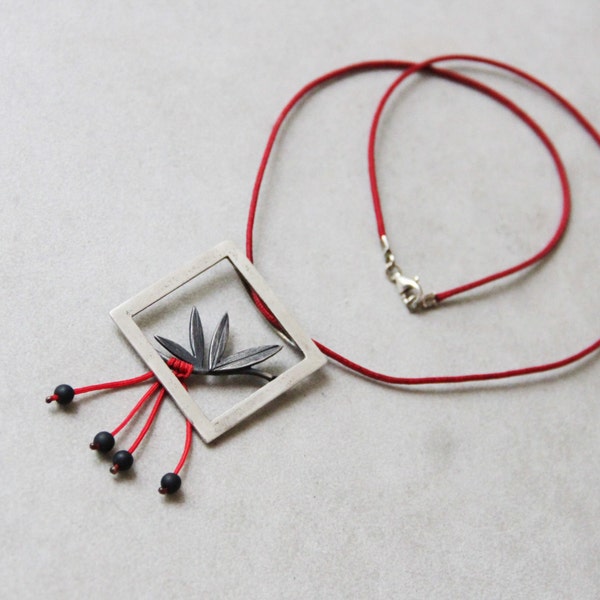 Olive tree pendant, silver olive twig in a square frame, avant garde olive tree necklace, olive pendant in silver, black and red, boho olive