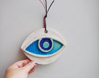 Blue eye wall hanging, ceramic eye wall hanging, blue eye lucky charm, large blue eye, Greek folk art eye