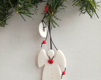 White angel ornament, porcelain, angel ornament with tag, white angel on  black string, modern minimalist angel