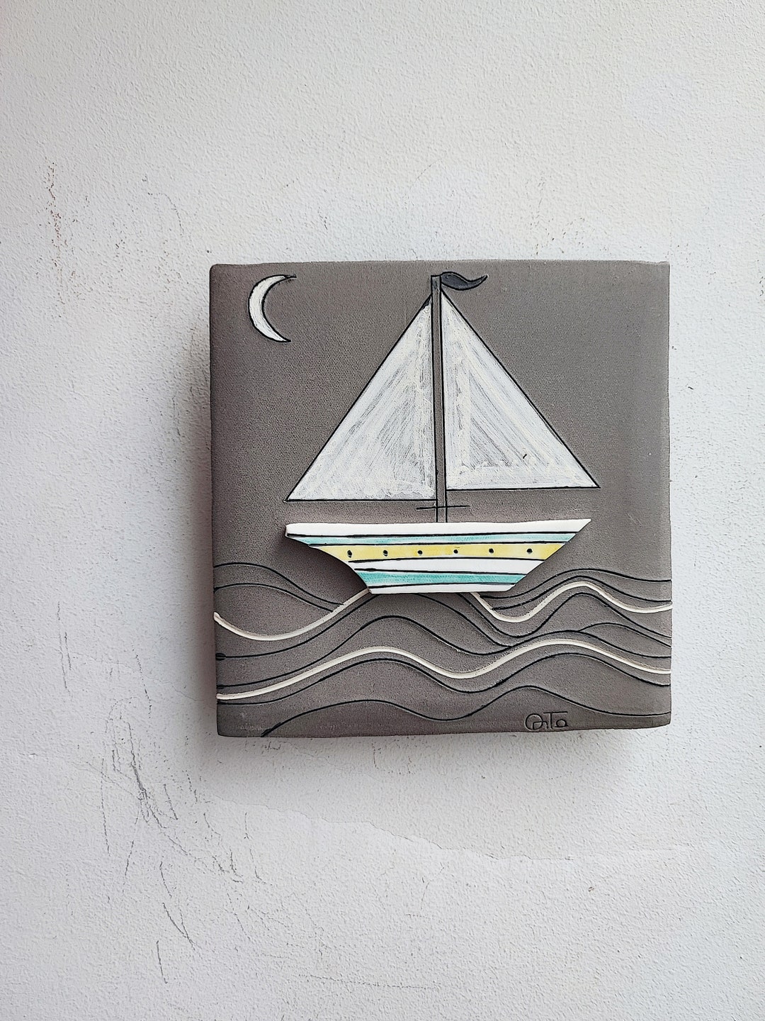 Boat Wall Hanging, Porcelain Boat Wall Art, Grey White Sailboat Wall