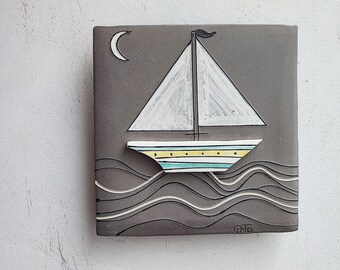 Boat wall hanging, porcelain boat wall art, grey white sailboat wall tile sculpture with crescent moon