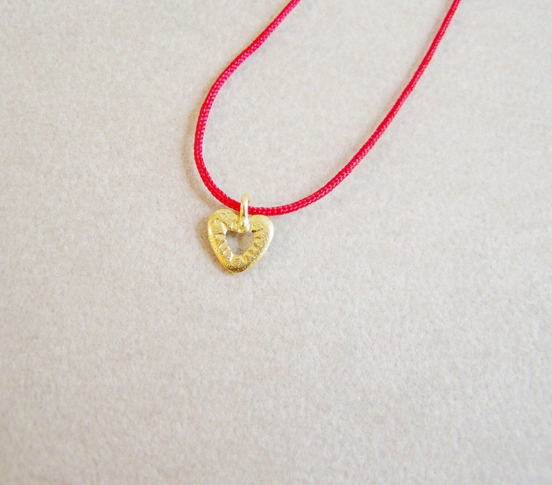 Tiny gold heart pendant on red cord, solid 18 k gold heart outline, hipster heart pendant, teens heart necklace, Valentines heart neckalce 